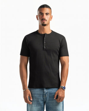 Men – Essential Henley in Black, front view (cover)