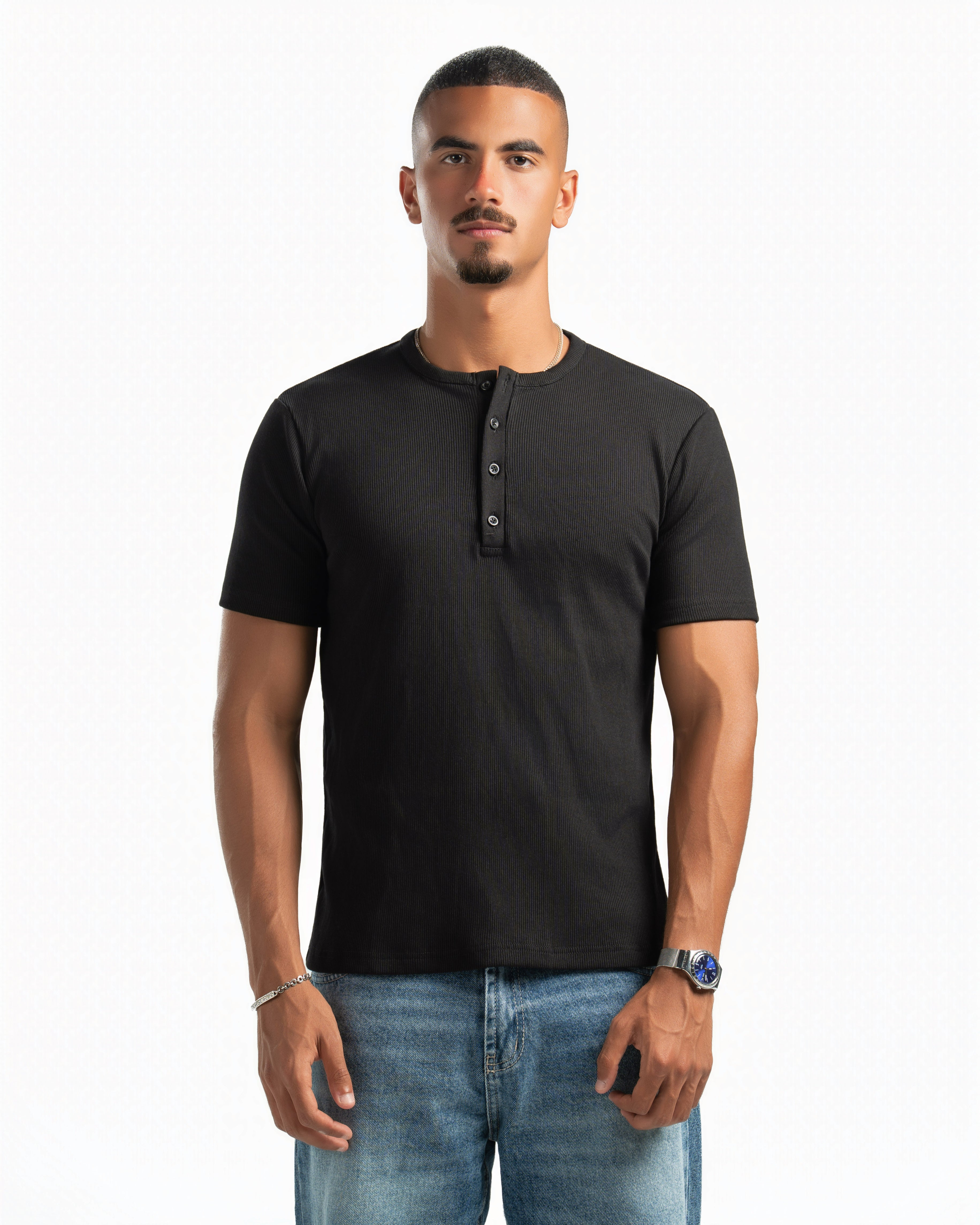 Men – Essential Henley in Black, front view (cover)