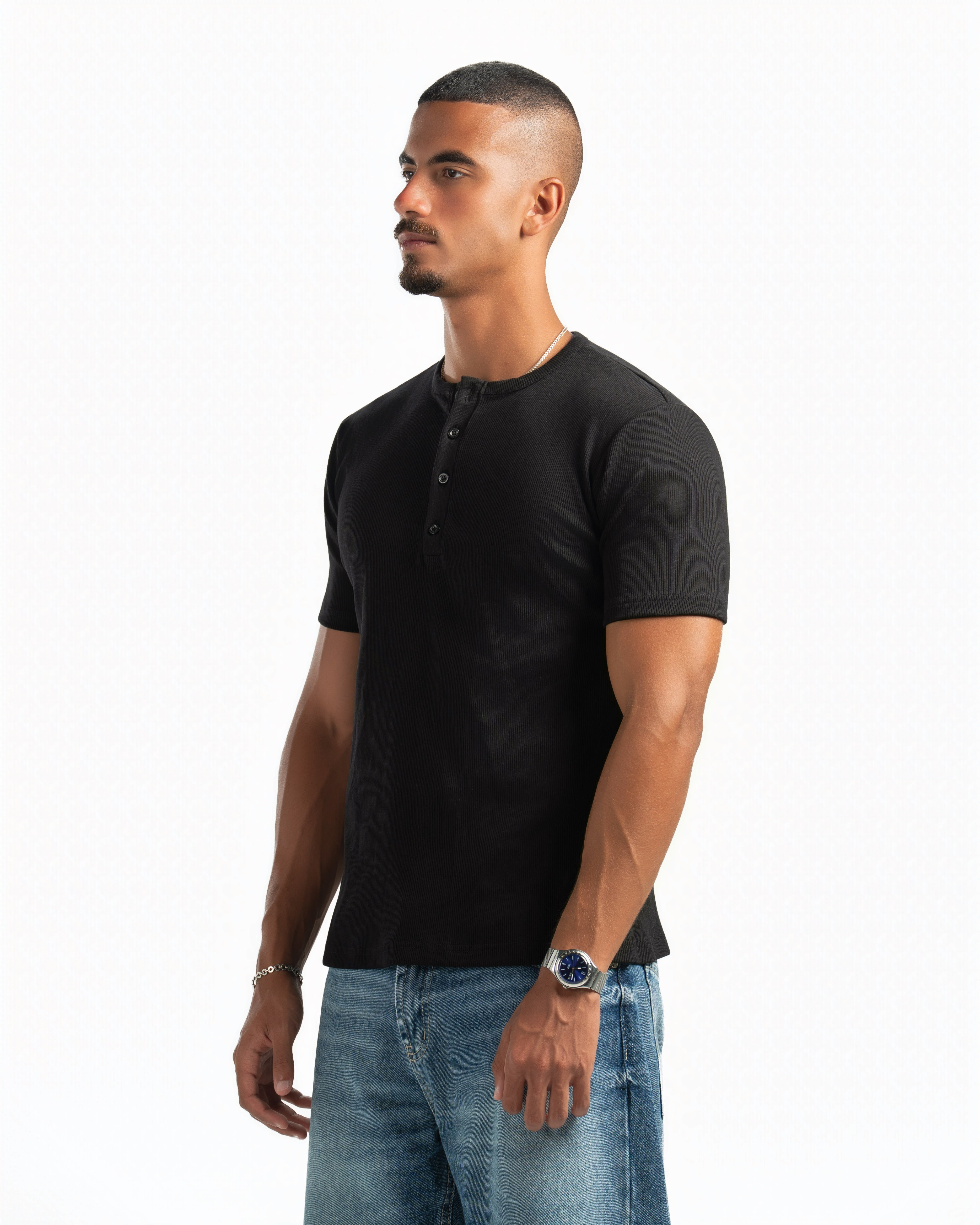Men – Essential Henley in Black, side view (cover)