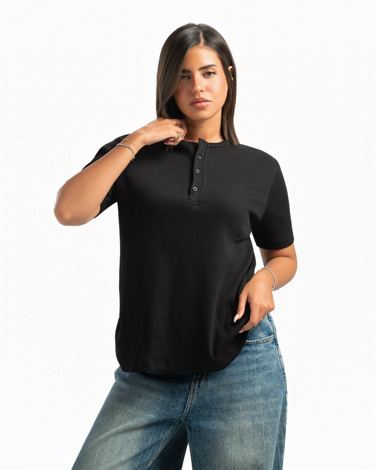 Women – Essential Henley in Black, styled (cover)
