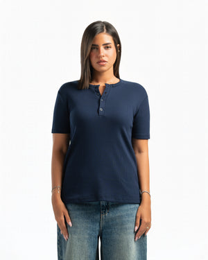 Women – Essential Henley in Navy, front view (cover)