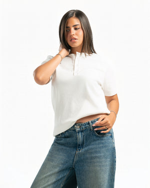 Women – Essential Henley in White, styled (cover)