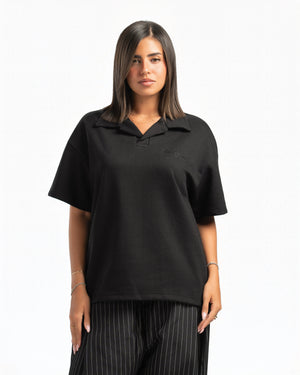 Women – Open-Collar Polo in Black, front view (cover)