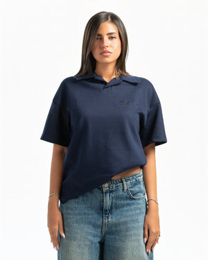 Women – Open-Collar Polo in Navy, front view (cover)
