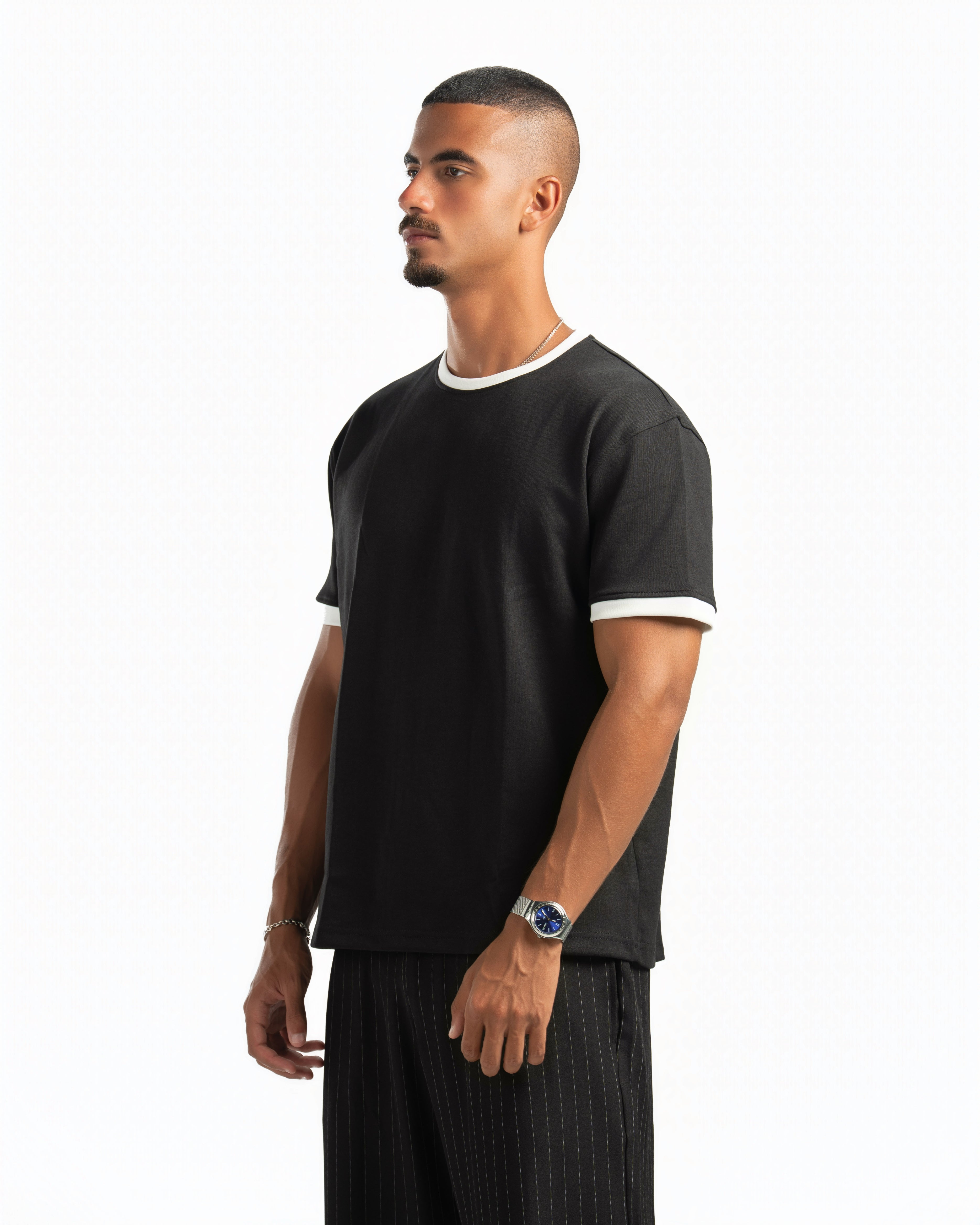Men – Ringer Tee in Black, side view (cover)