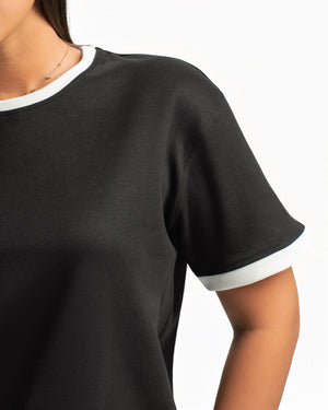Women – Ringer Tee in Black, detail close-up (cover)