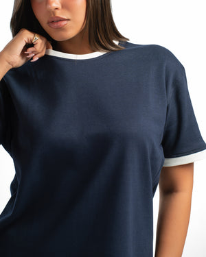 Women – Ringer Tee in Navy, detail close-up (cover)