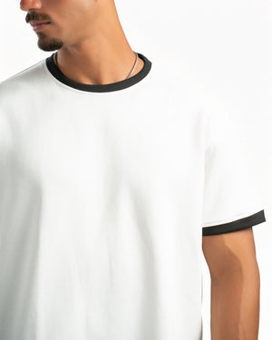 Men – Ringer Tee in White, detail close-up (cover)