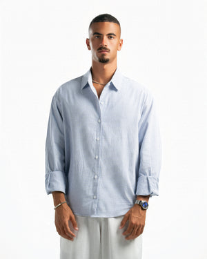 Men – Striped Shirt in Blue Stripe, front view (cover)