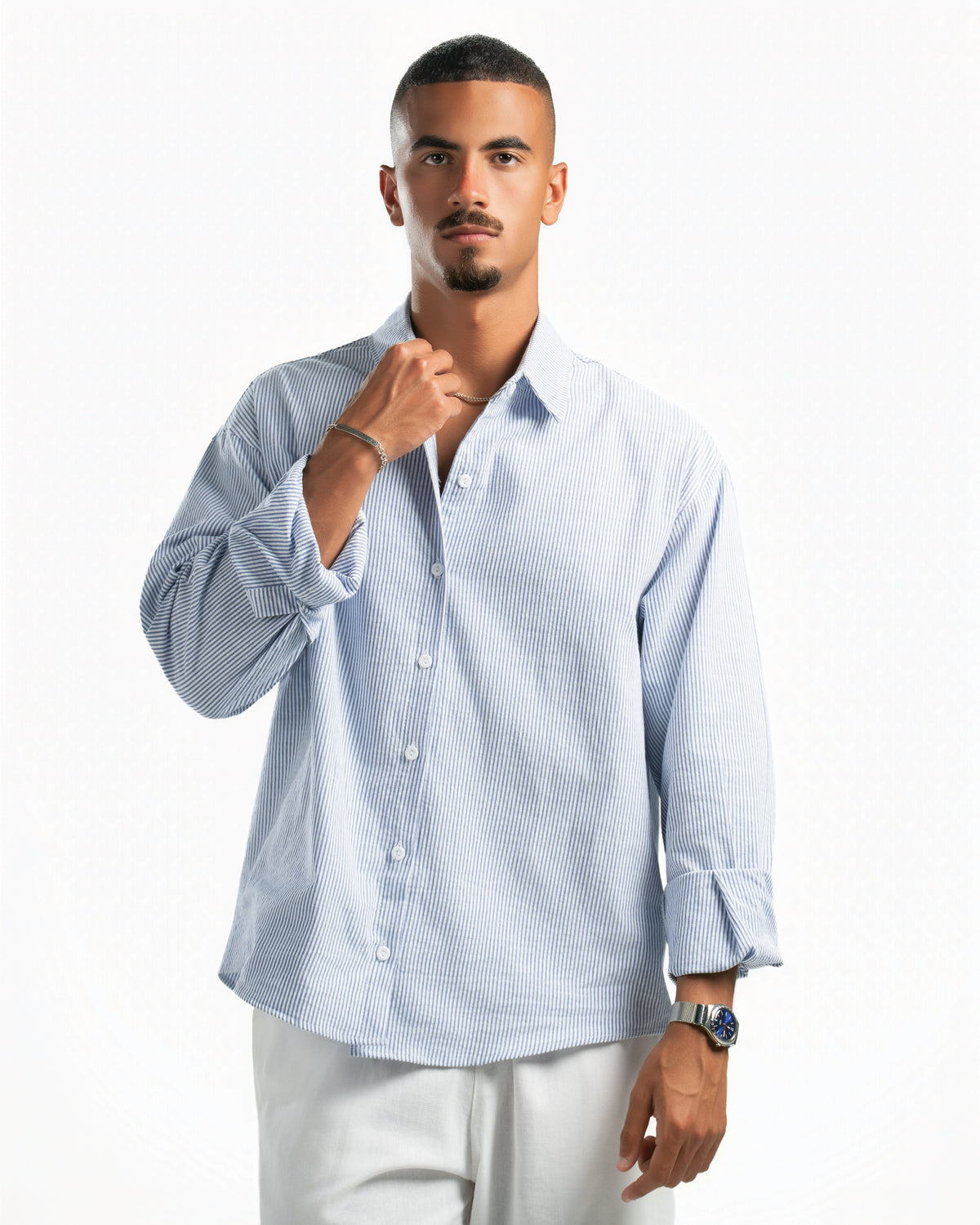 Men – Striped Shirt in Blue Stripe, styled (cover)
