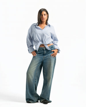 Women – Striped Shirt in Blue Stripe, full-length, worn loose