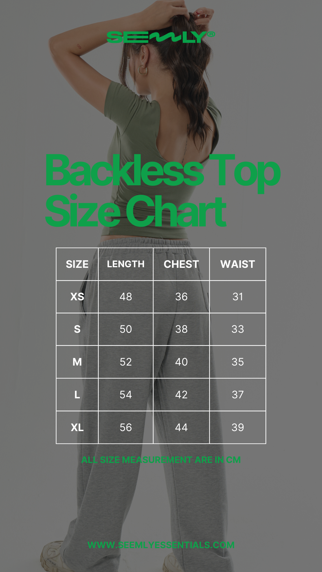 Backless Top size chart