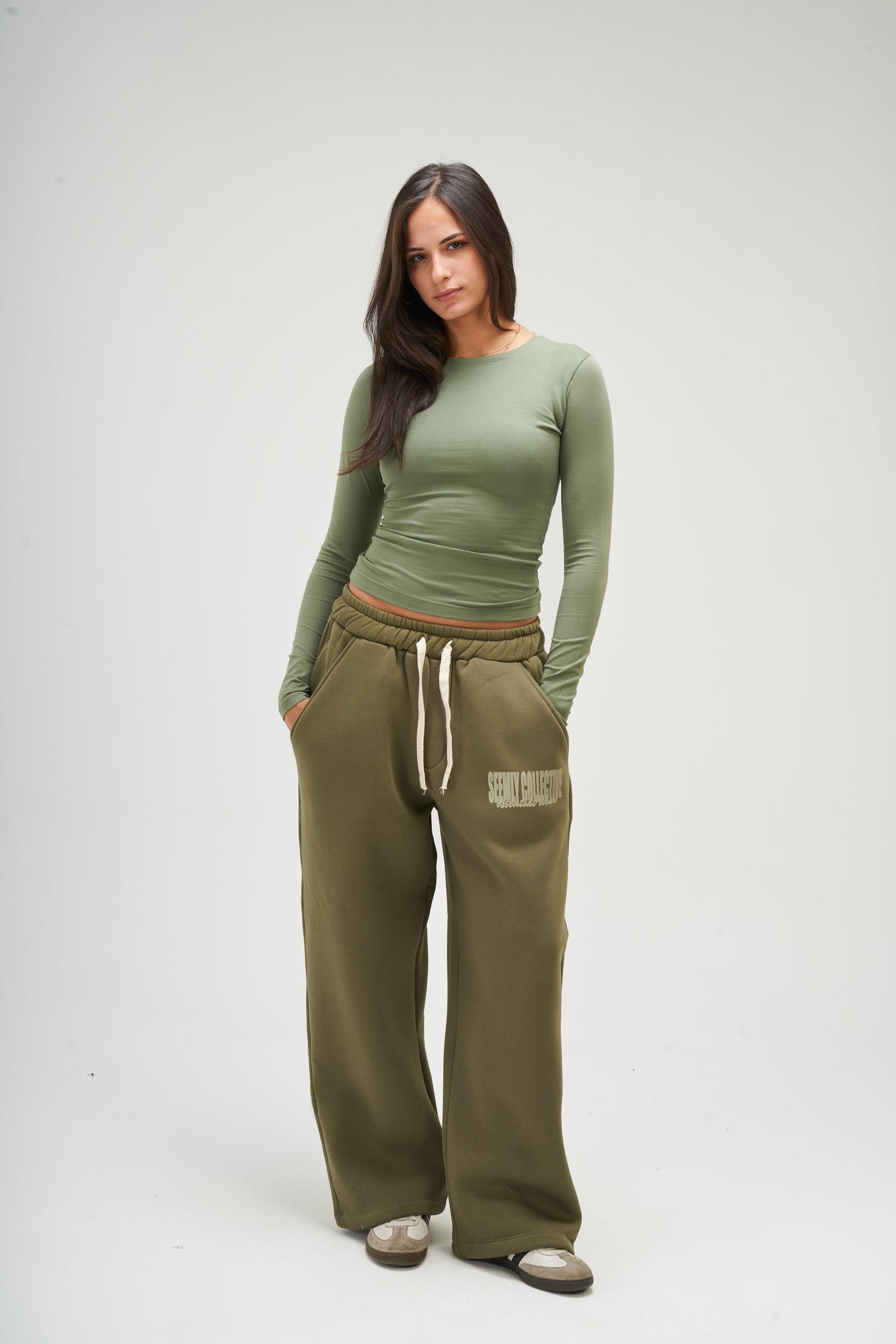 Olive Green Long Sleeve Round Top