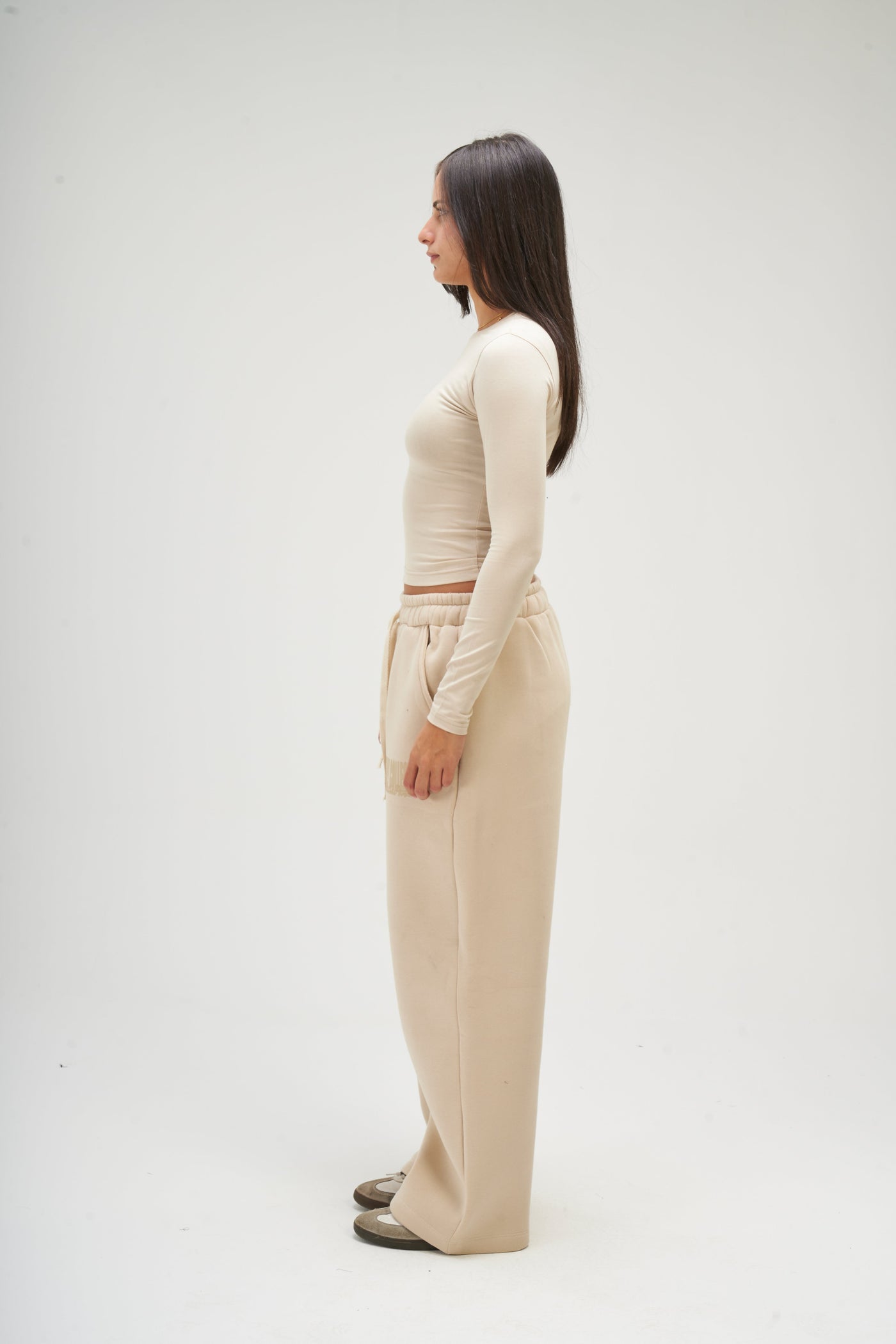 Beige Long Sleeve Round Top