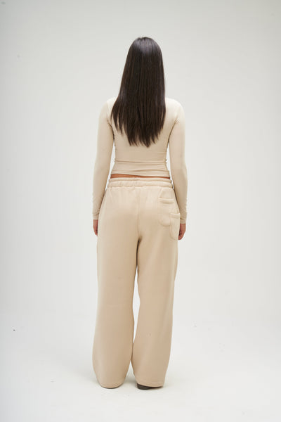 Beige Long Sleeve Round Top