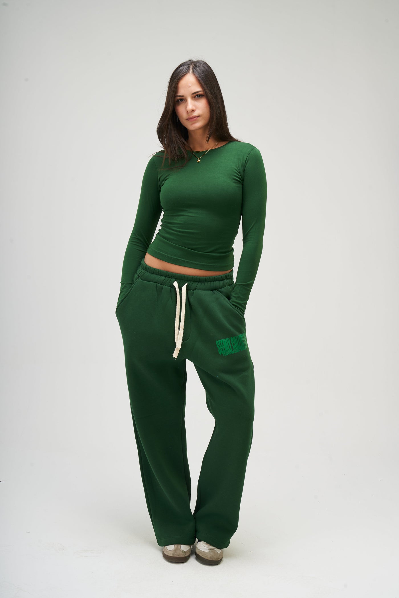 Dark Green Long Sleeve Round Top