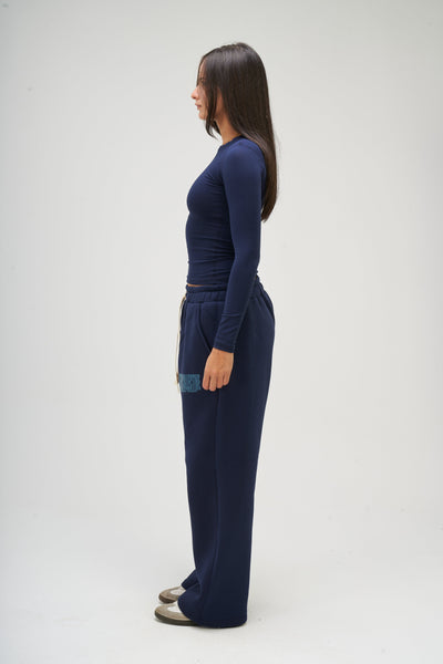 Navy Blue Long Sleeve Round Top