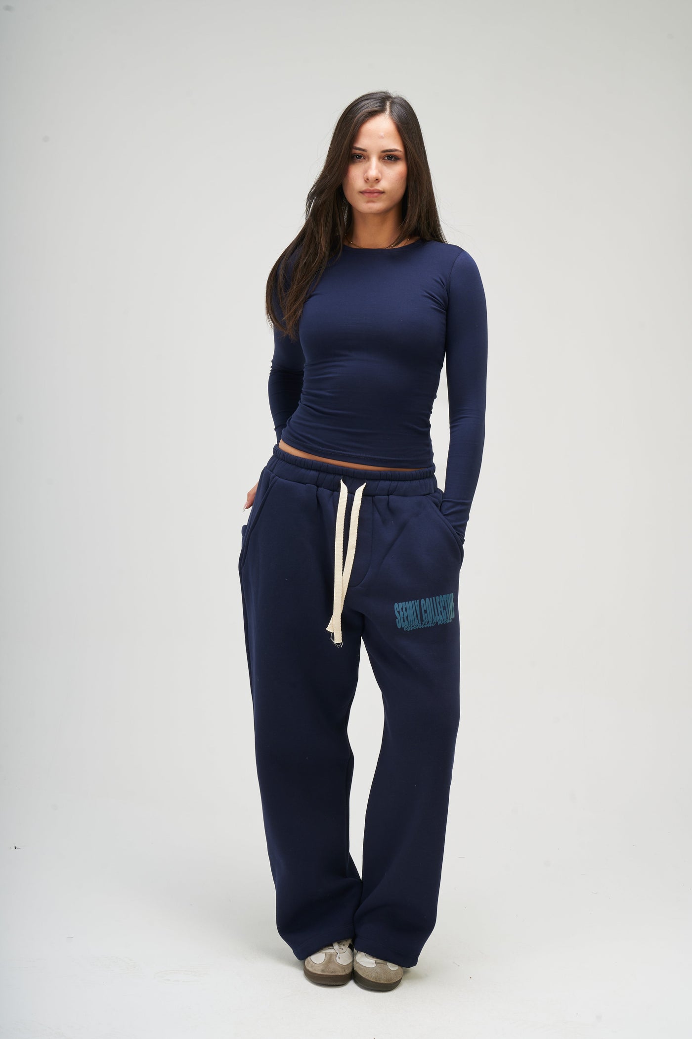 Navy Blue Long Sleeve Round Top