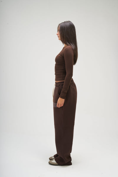 Brown Long Sleeve Round Top