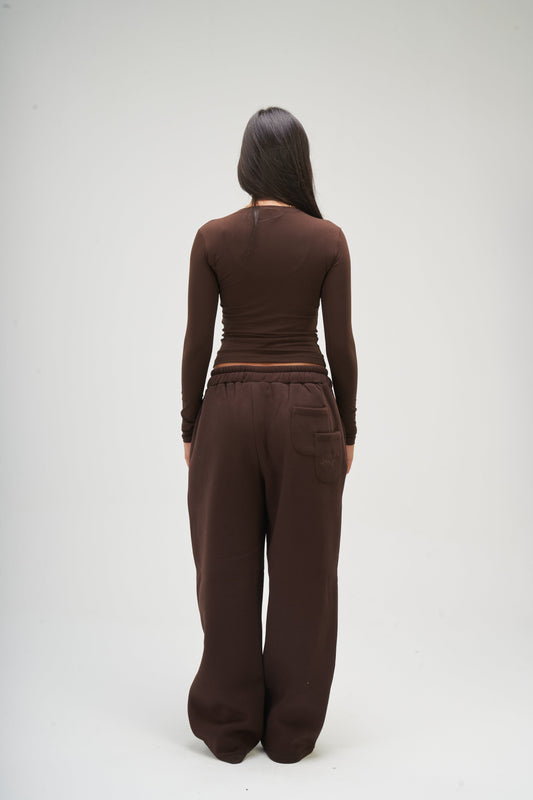 Brown Long Sleeve Round Top