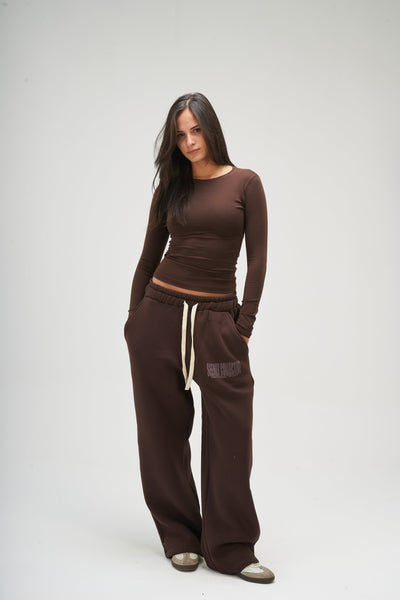 Brown Long Sleeve Round Top