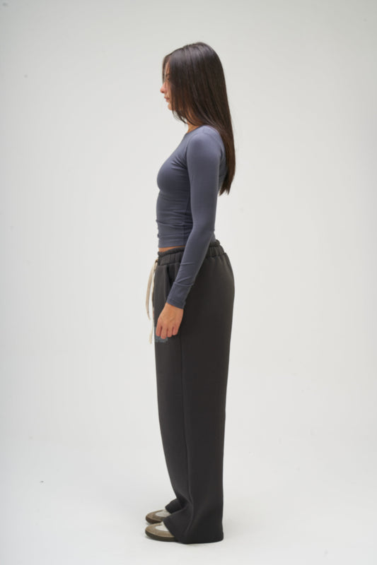 Dark Grey Long Sleeve Round Top