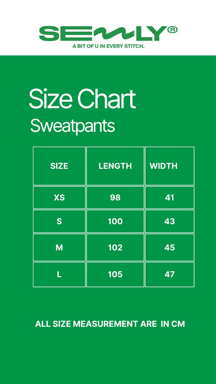 Winter Sweatpants size chart