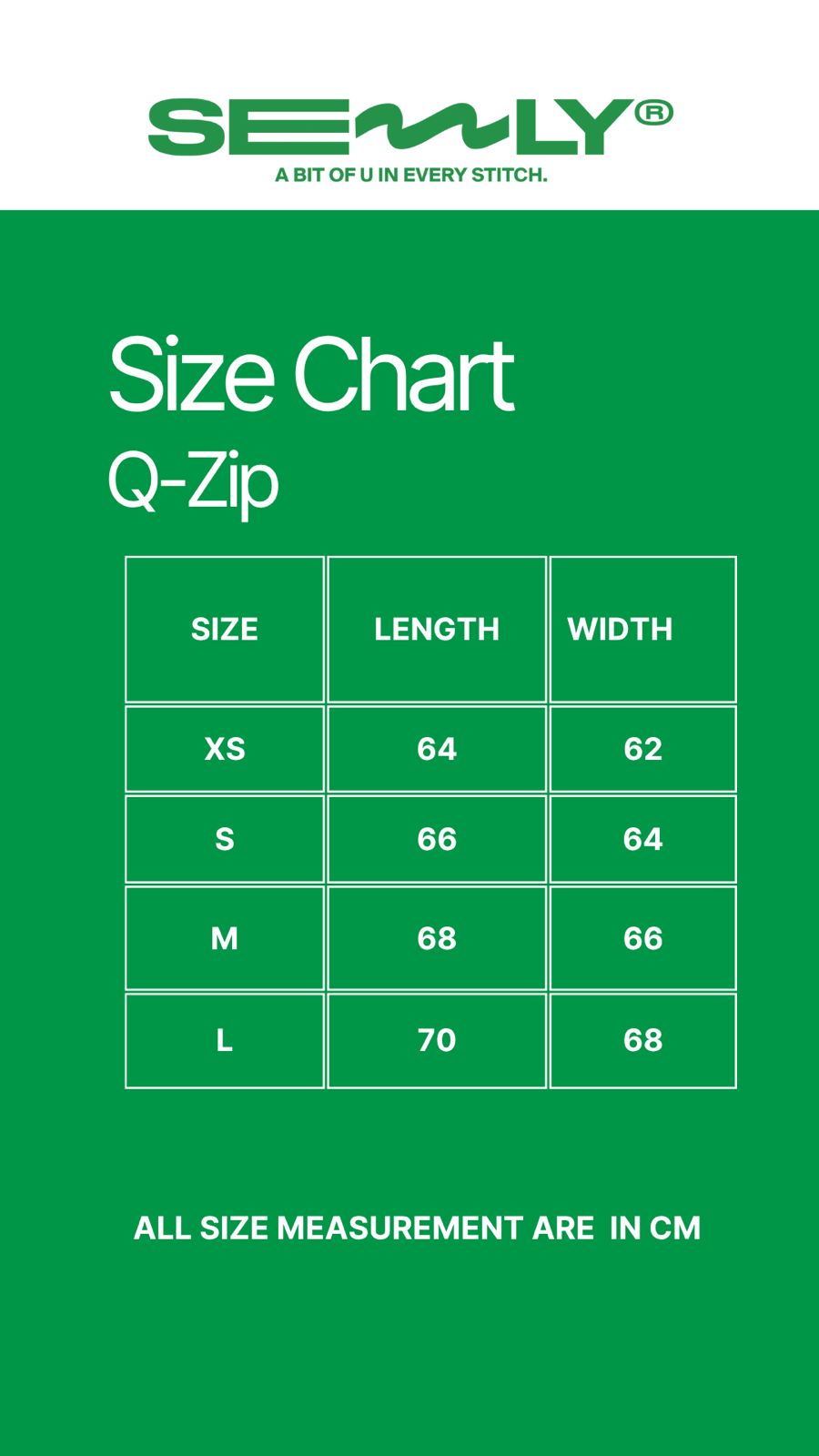 Q-Zip size chart