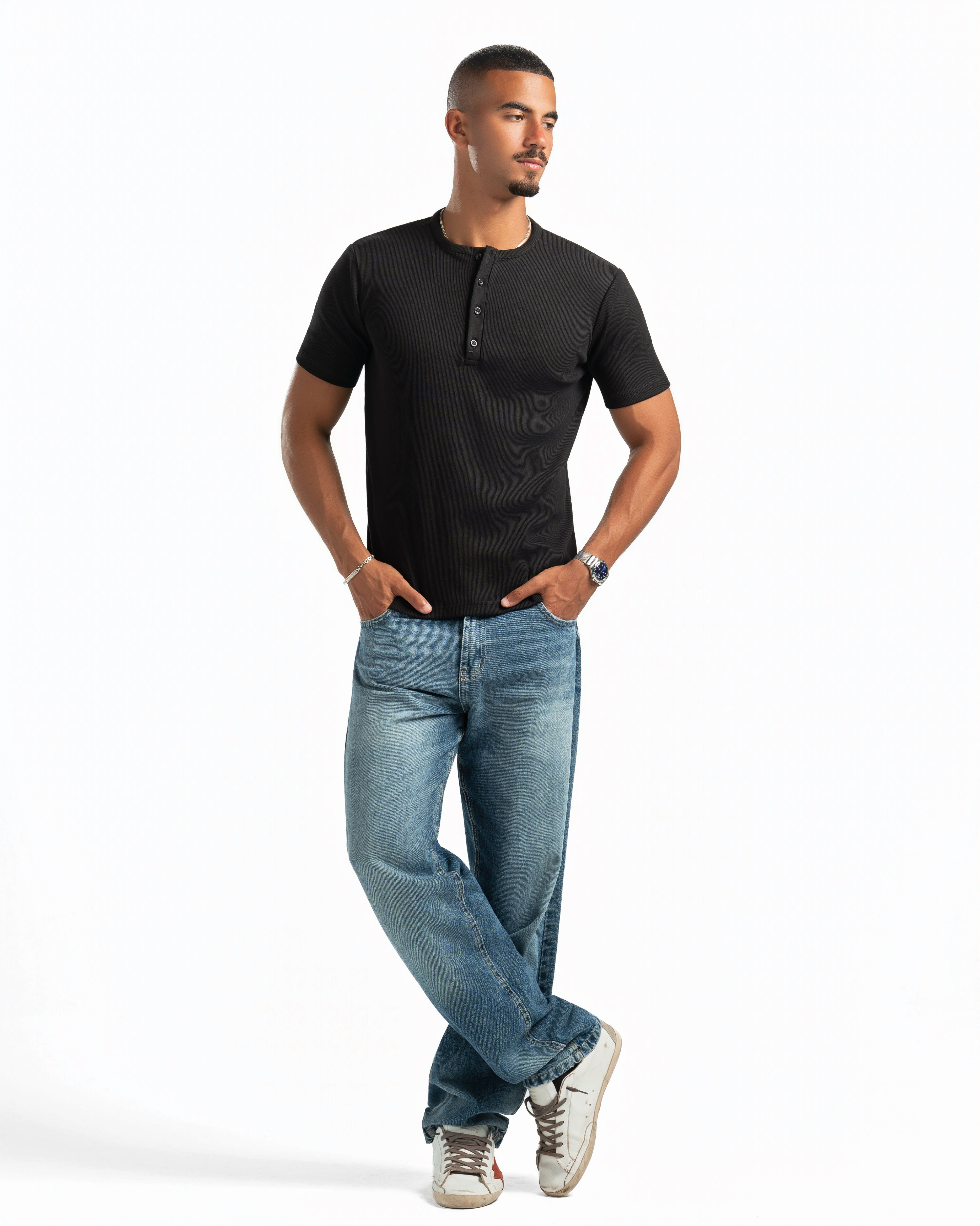 Men – Essential Henley in Black, full-length