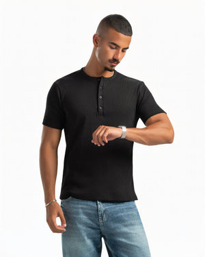 Men – Essential Henley in Black, styled (cover)
