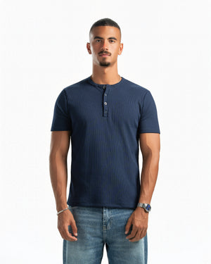 Men – Essential Henley in Navy, front view (cover)