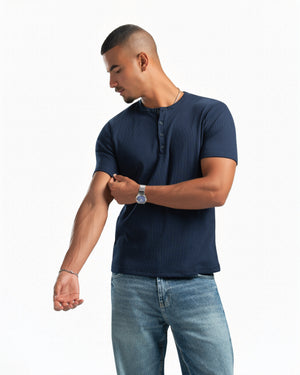 Men – Essential Henley in Navy, styled (cover)