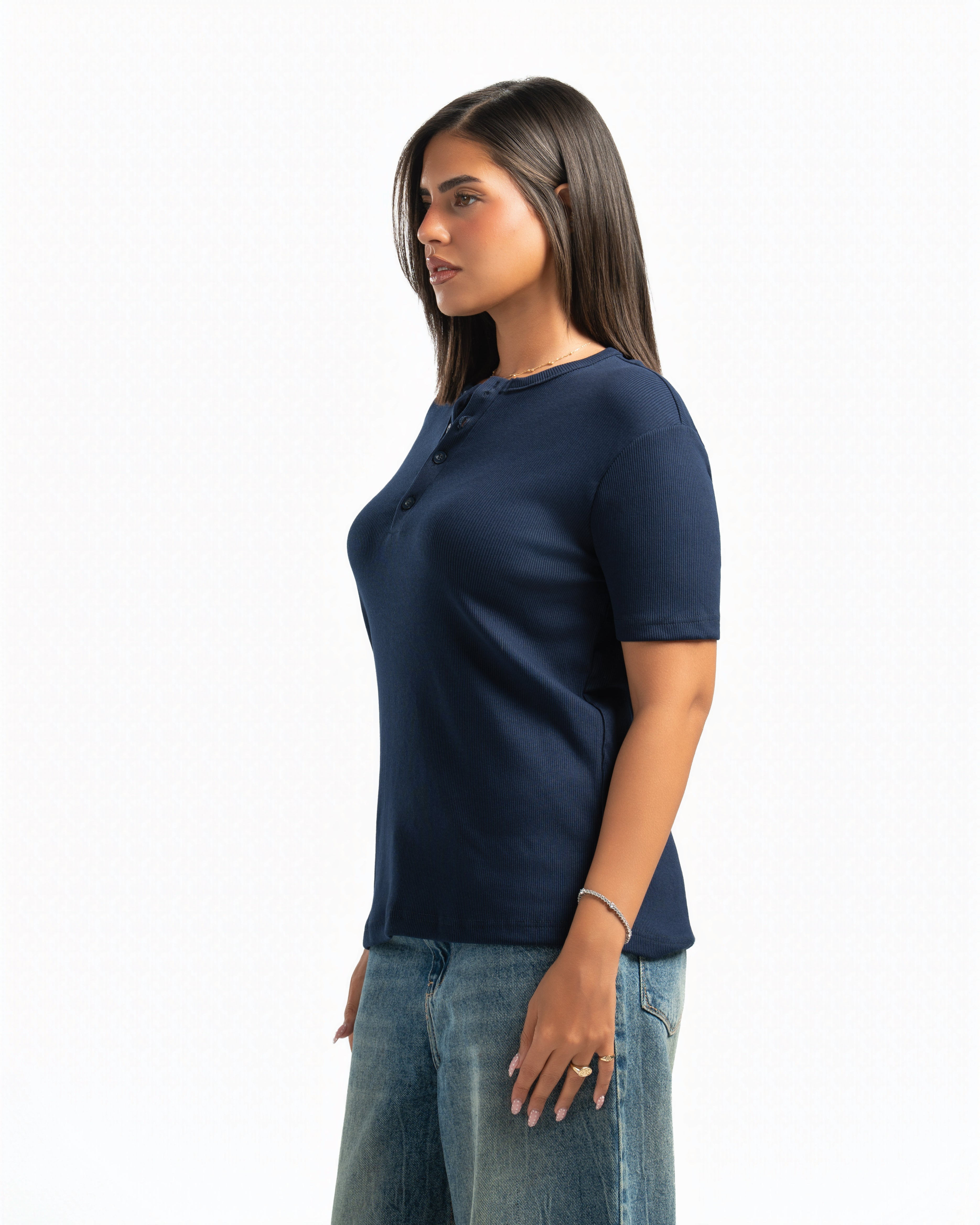 Women – Essential Henley in Navy, side view (cover)