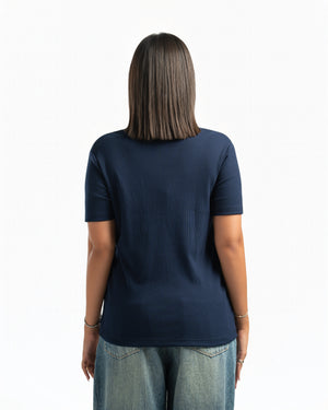 Women – Essential Henley in Navy, back view (cover)