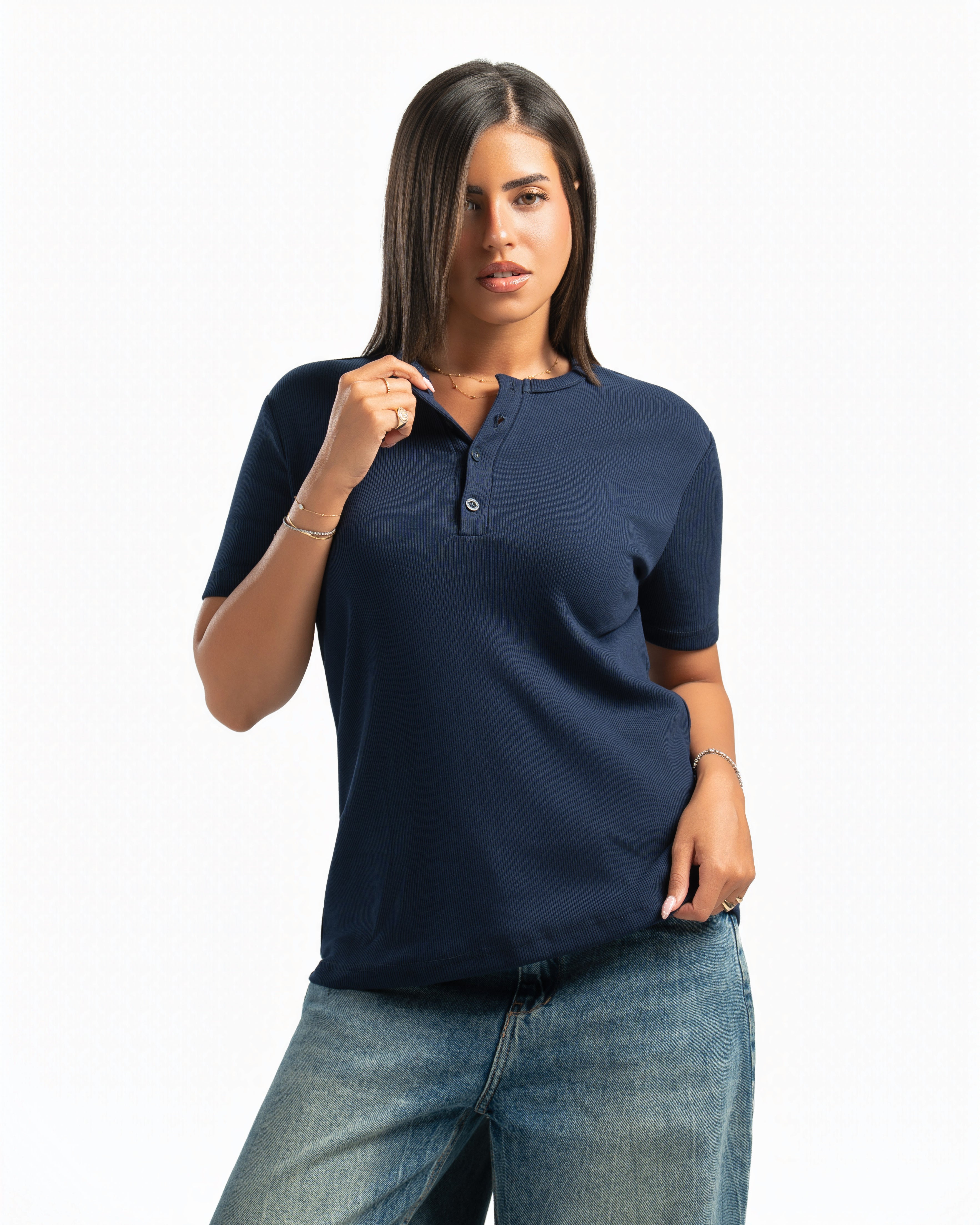 Women – Essential Henley in Navy, styled (cover)