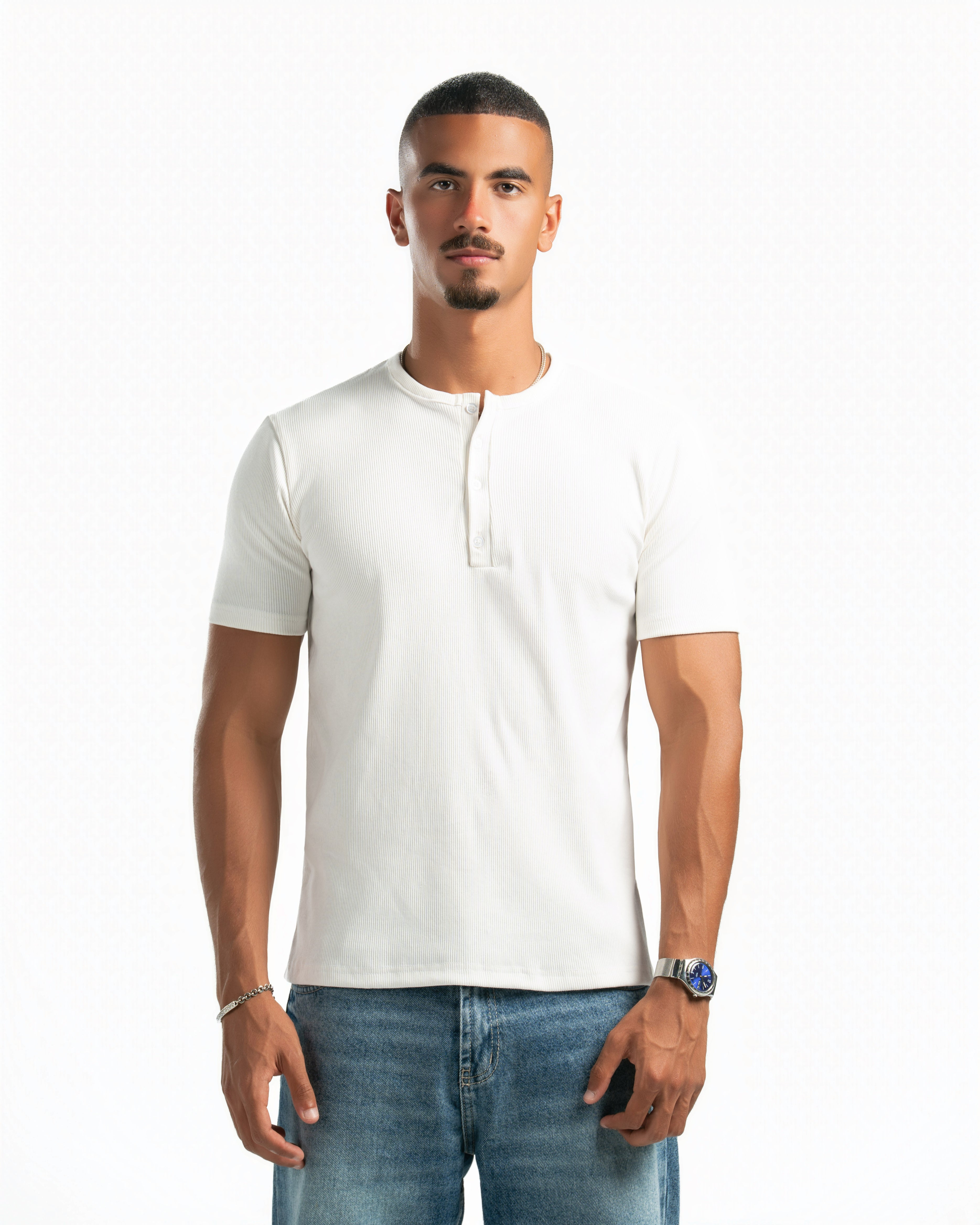 Men – Essential Henley in White, front view (cover)