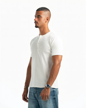 Men – Essential Henley in White, side view (cover)