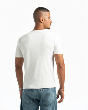 Men – Essential Henley in White, back view (cover)