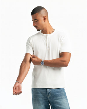 Men – Essential Henley in White, styled (cover)
