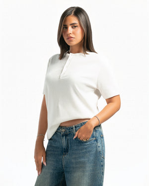 Women – Essential Henley in White, side view (cover)
