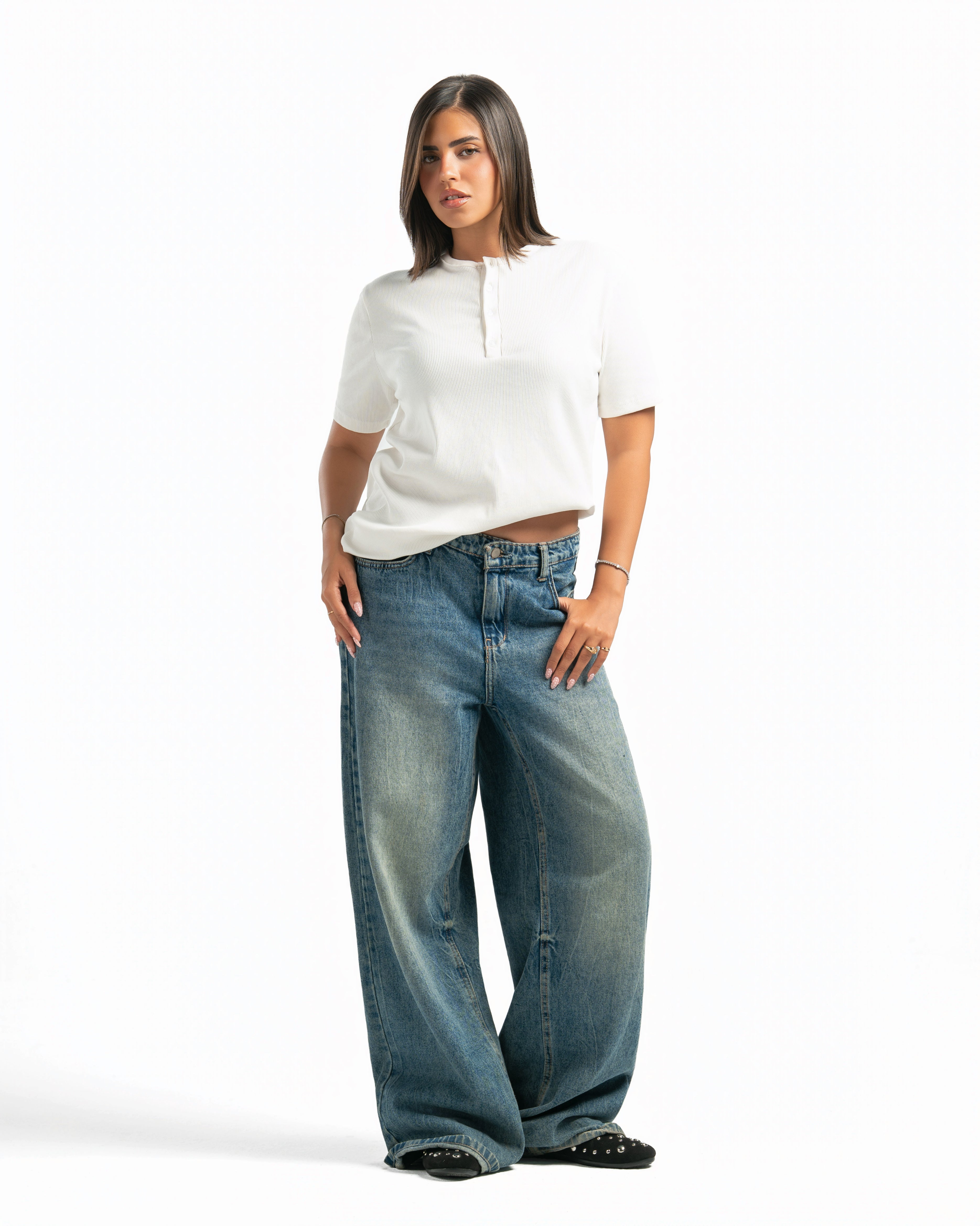 Women – Essential Henley in White, full-length