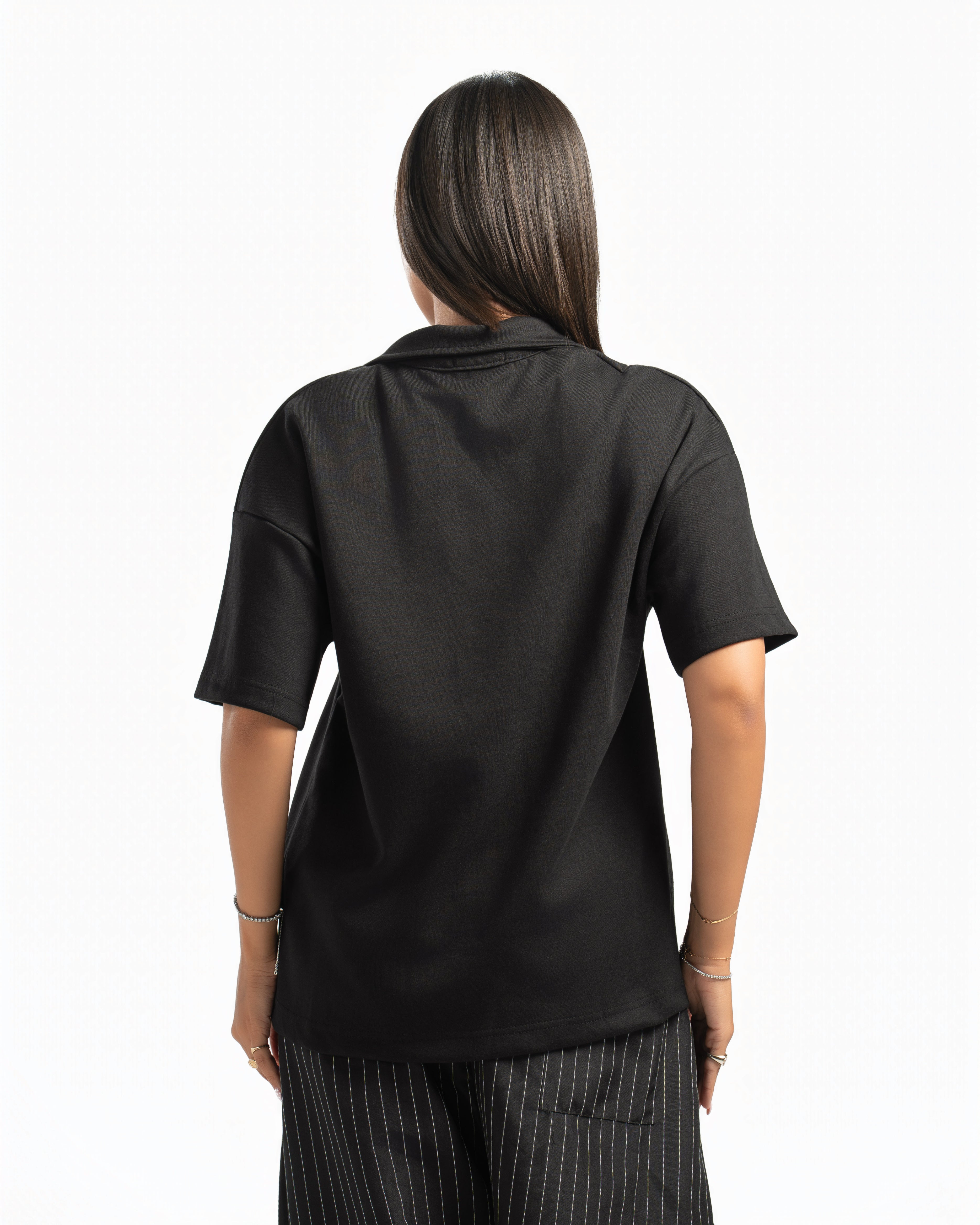 Women – Open-Collar Polo in Black, back view (cover)