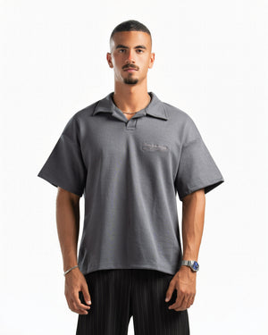 Men – Open-Collar Polo in Charcoal, front view (cover)