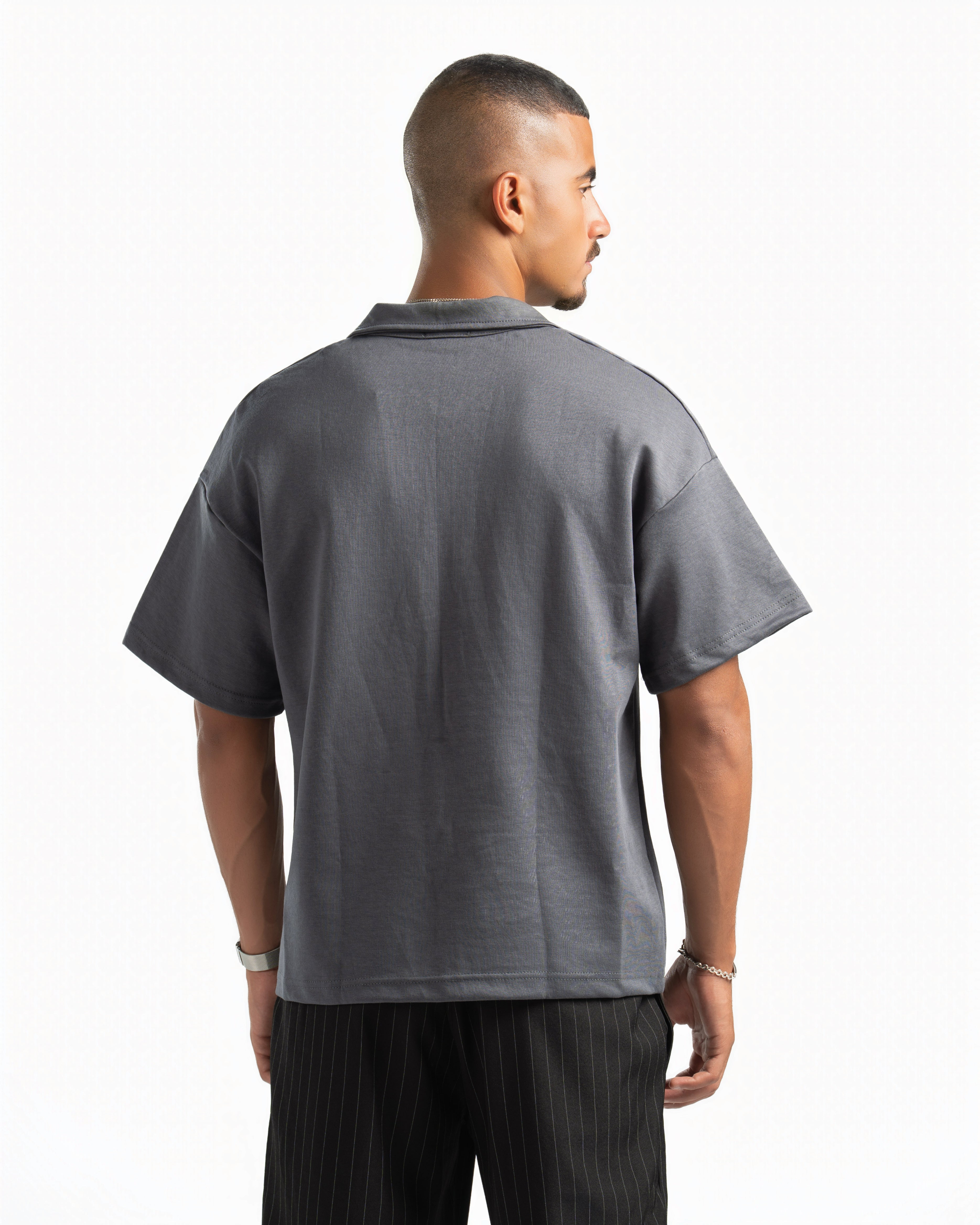 Men – Open-Collar Polo in Charcoal, back view (cover)