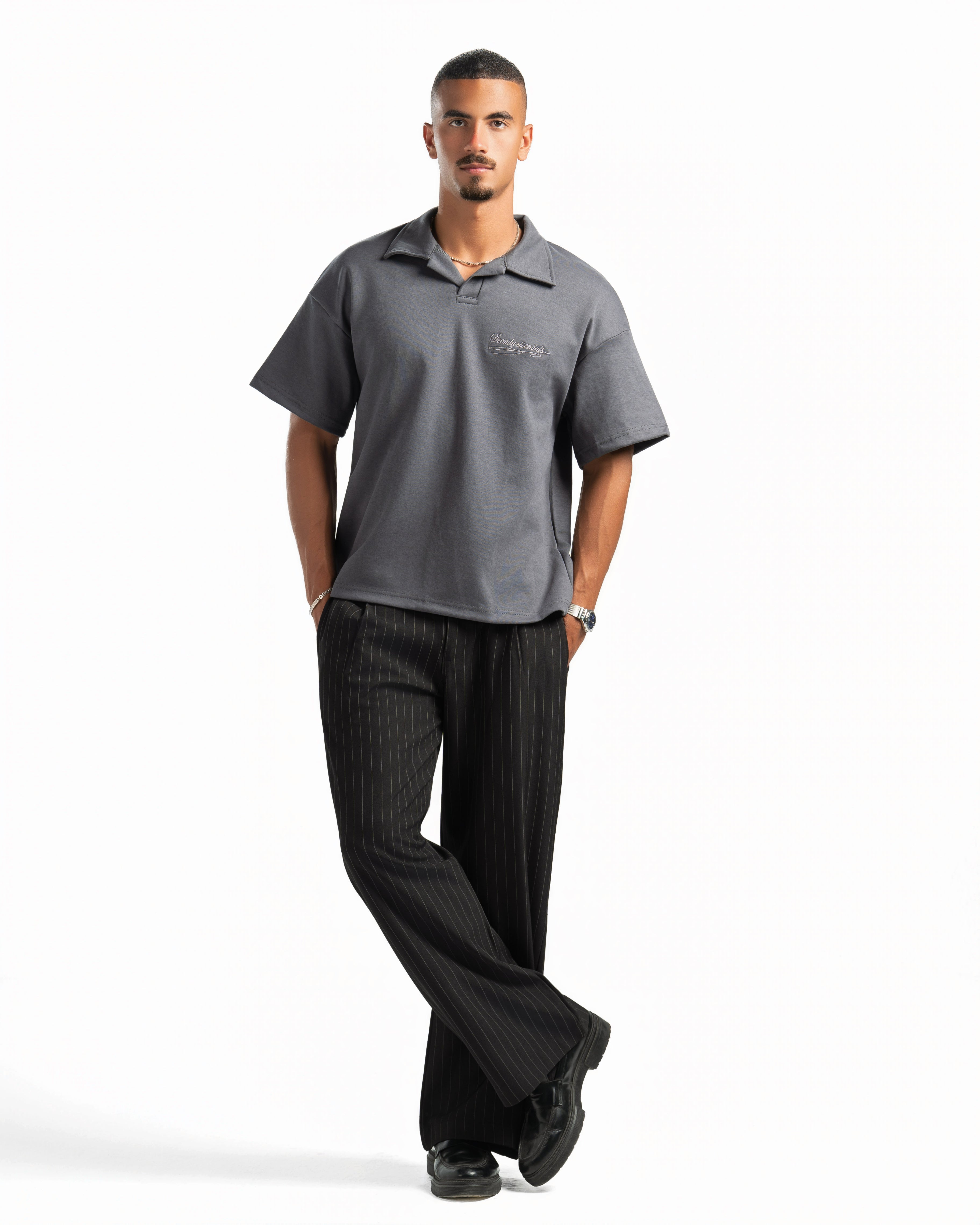 Men – Open-Collar Polo in Charcoal, full-length