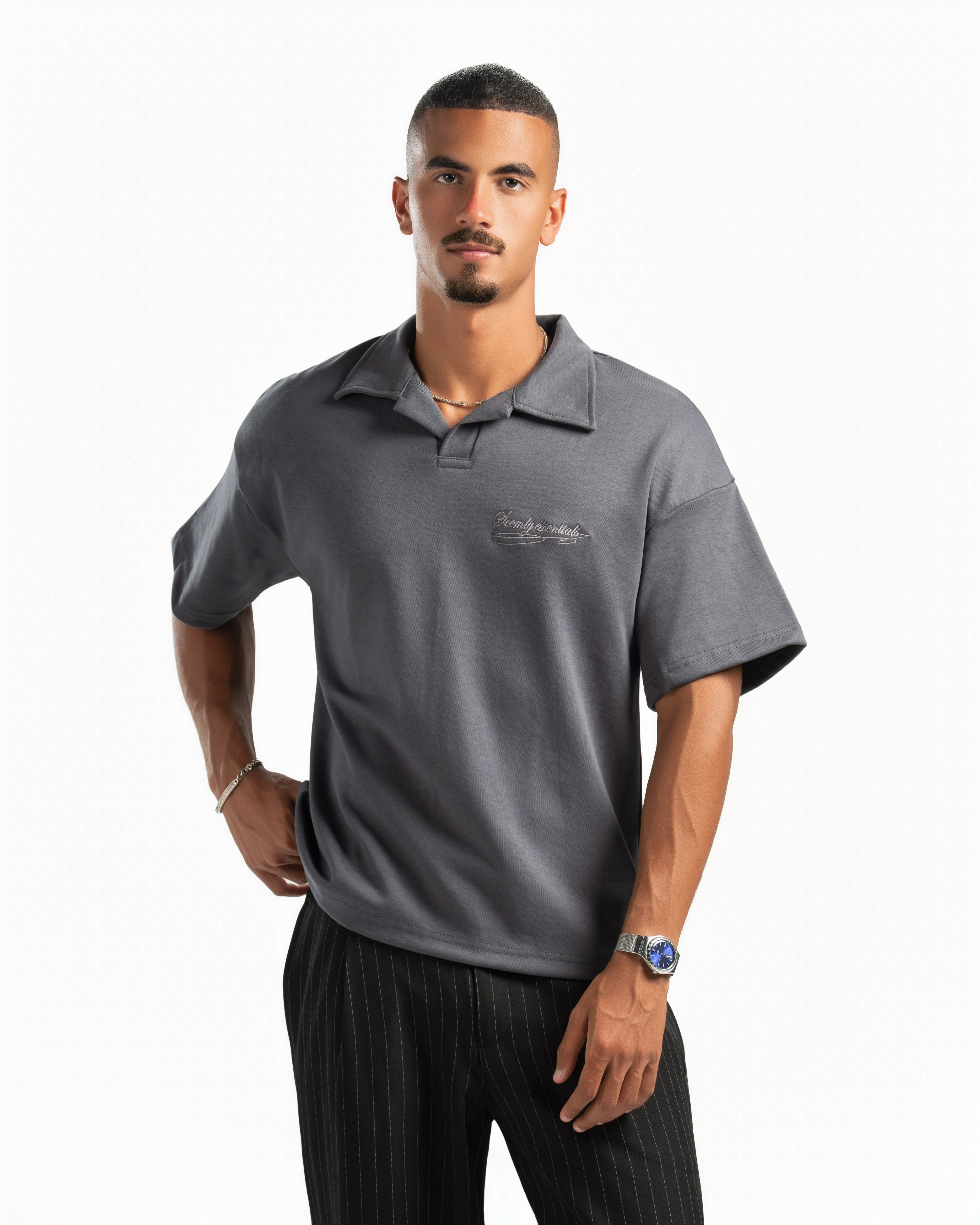 Men – Open-Collar Polo in Charcoal, styled (cover)