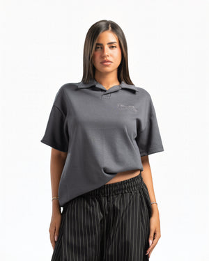 Women – Open-Collar Polo in Charcoal, front view (cover)