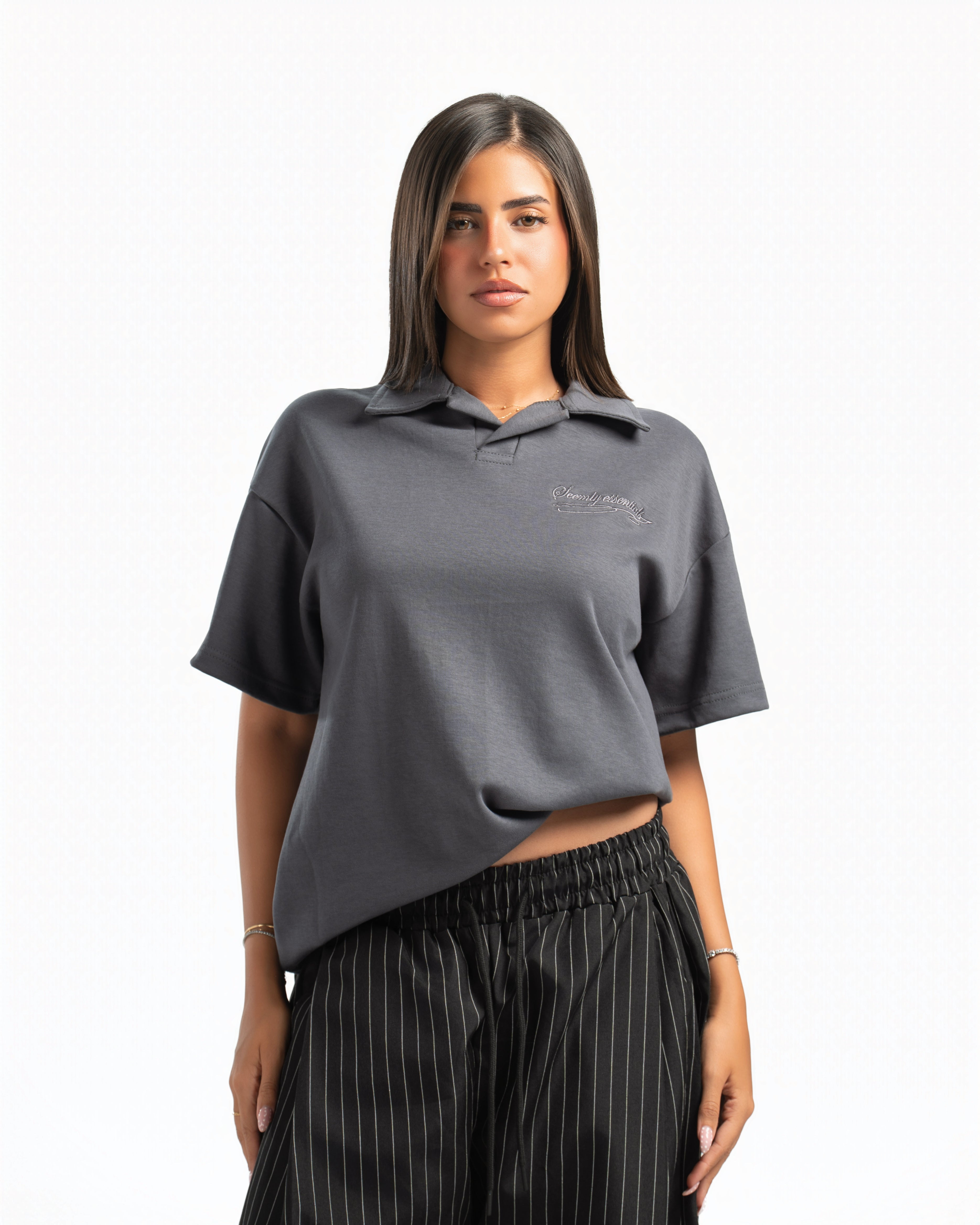 Women – Open-Collar Polo in Charcoal, front view (cover)