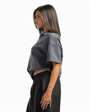 Women – Open-Collar Polo in Charcoal, side view (cover)