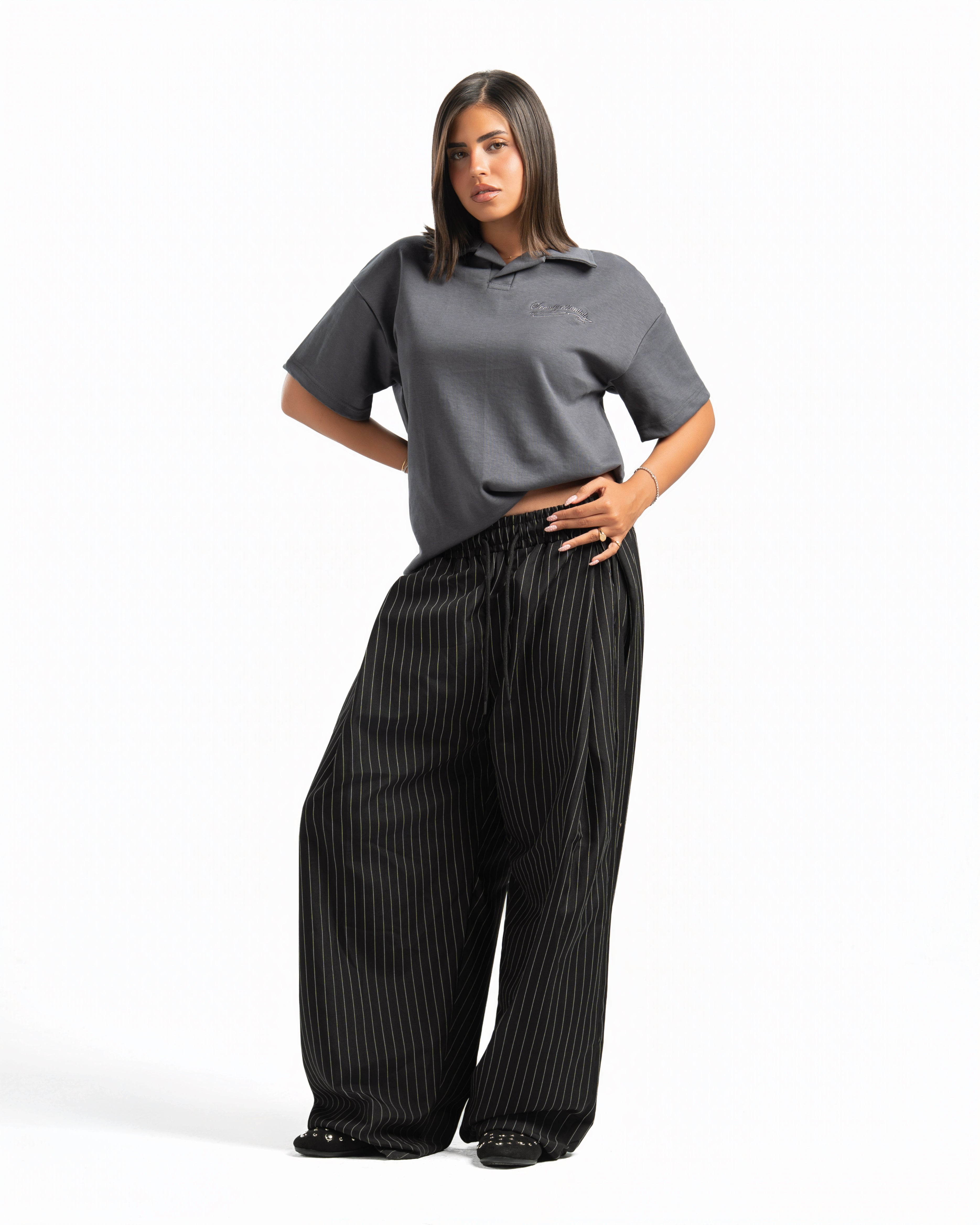 Women – Open-Collar Polo in Charcoal, full-length